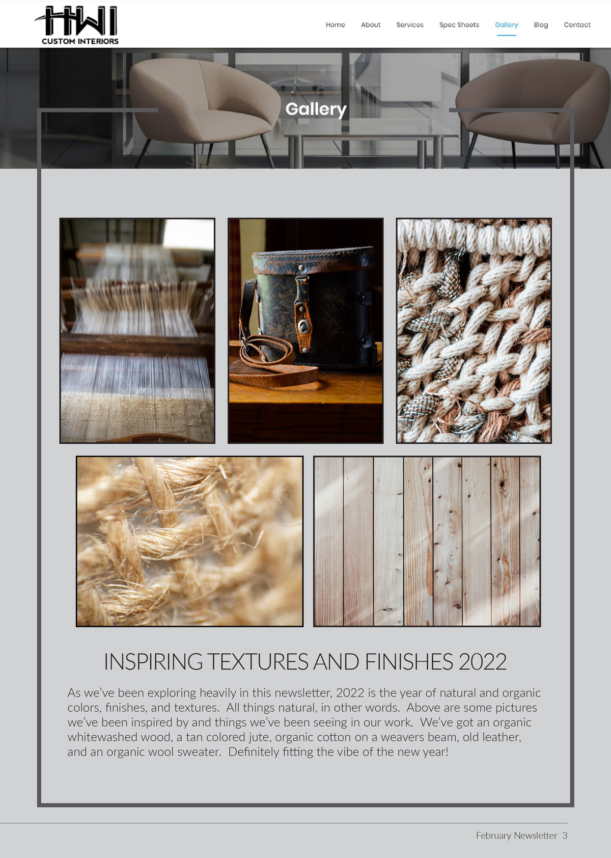 Inspiring textures and finishes 2022. Inspiration photos included whitewashed wood, tan colored jute, organic cotton on a weavers beam, old leather, and an organic wool sweater.