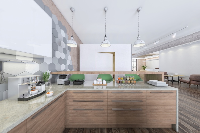 Modern open plan office interior kitchen